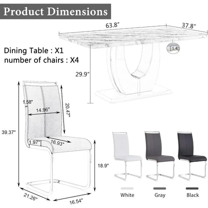 63" 7-Piece Dining Table Set, Faux Marble Table with 6 White PU Leather Dining Chairs, Dining Table and Chairs Set