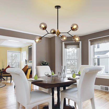 Glass Sputnik Chandelier, 6-Light Black and Gold with Smoke Gray Glass Lampshade Chandelier, E26 Mid Century Modern Pendant Ligh