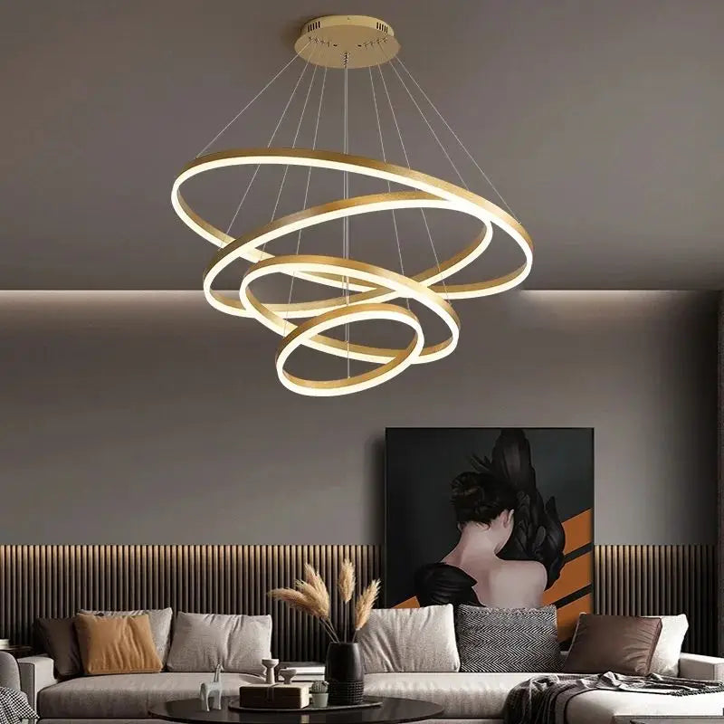 Modern LED pendant lights suitable for bedrooms, living rooms, and dining rooms. Circular ceiling chandelier, home lighting.