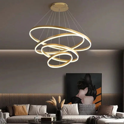 Modern LED pendant lights suitable for bedrooms, living rooms, and dining rooms. Circular ceiling chandelier, home lighting.