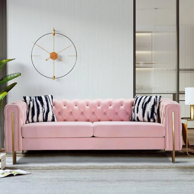 Modern Velvet Sofa for Living Room, 84 Inches Long Tufted Couch Upholstered Sofa with 2 Pillows High Arm and Metal Legs Decor