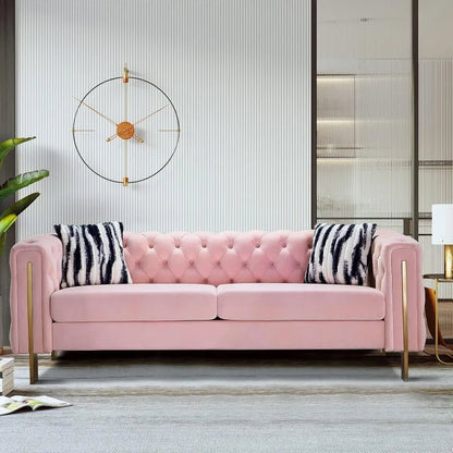 Modern Velvet Sofa for Living Room, 84 Inches Long Tufted Couch Upholstered Sofa with 2 Pillows High Arm and Metal Legs Decor