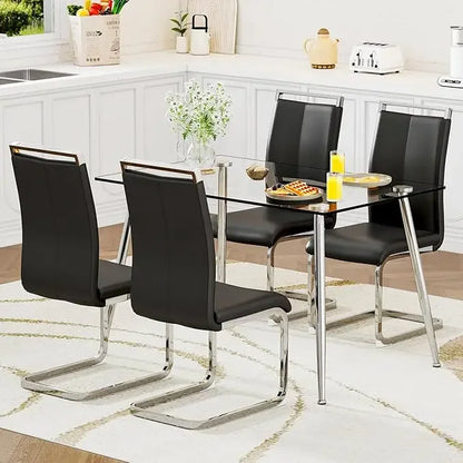 Glass Dining Table Set for 4,5 Piece Dining Table and Chairs Set，Modern Kitchen Dining Room Table with 4 Black PU Leather