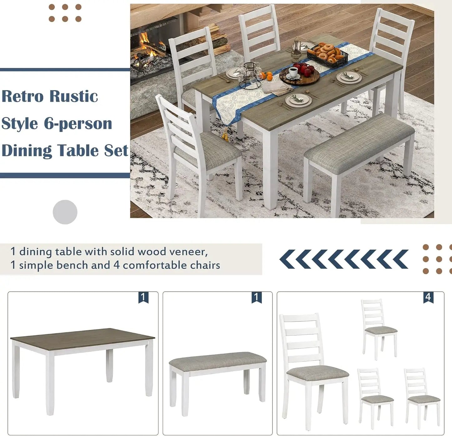 6 Pieces Dining Table Set with Bench, Rectangle Dining Table with 4 Upholstered Chairs & A Bench, Rubber Wood Dining Table Set