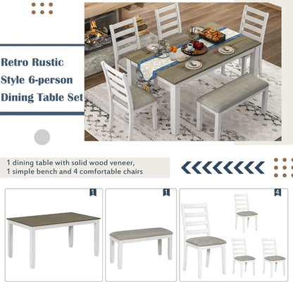 6 Pieces Dining Table Set with Bench, Rectangle Dining Table with 4 Upholstered Chairs & A Bench, Rubber Wood Dining Table Set