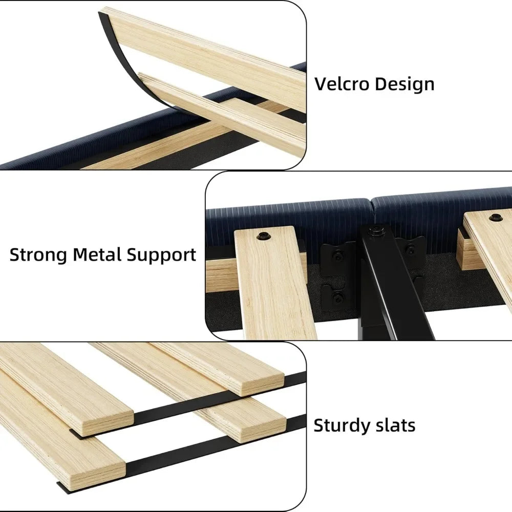 Bed Frame with Wingback & 2 Storage Pockets,  Upholstered Headboard, Solid Wood Slats Support, Velvet Platform Beds Bedroom