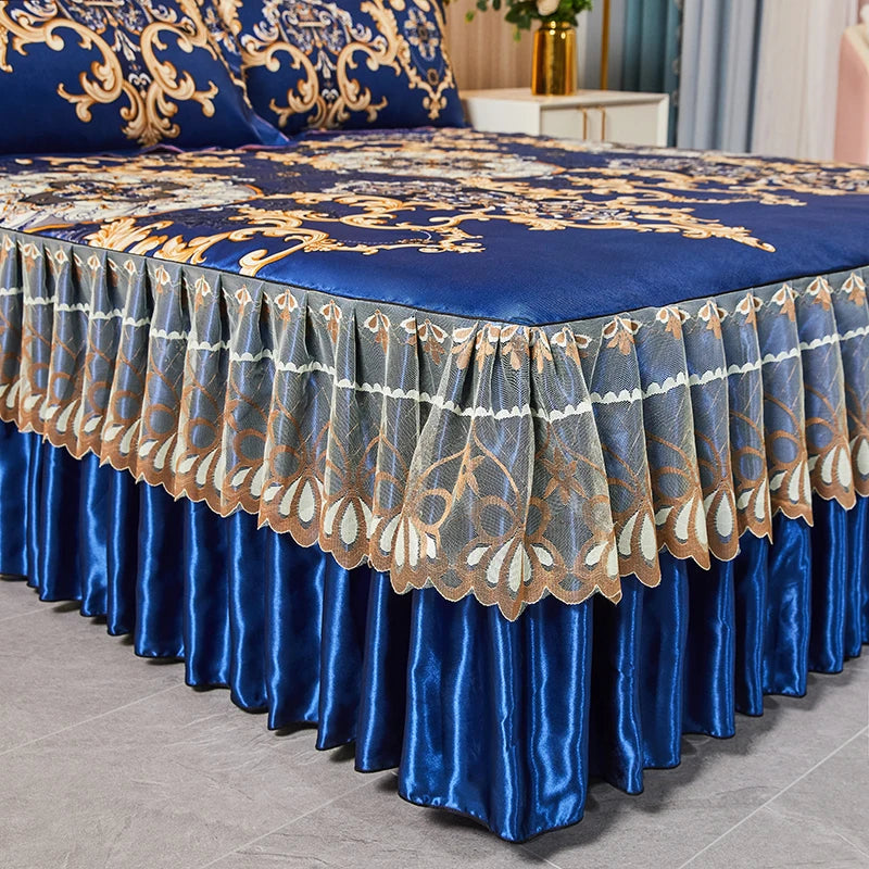 3pcs Set Luxury Classic Floral Bed Skirt with Pillowcase, Ice Silk Flower Print Bedding Set for Dorm, Bedroom, Guest Room Decor