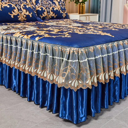 3pcs Set Luxury Classic Floral Bed Skirt with Pillowcase, Ice Silk Flower Print Bedding Set for Dorm, Bedroom, Guest Room Decor