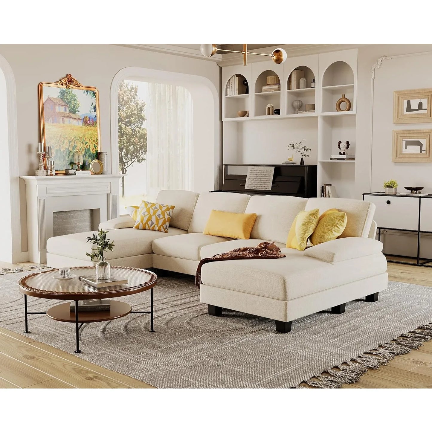 Sectional Couches for Living Room,U-Shaped Couch w/ Linen Fabric, 4 Seat Sofa Set w/ Double Chaise for Apartment (Fabric, White)