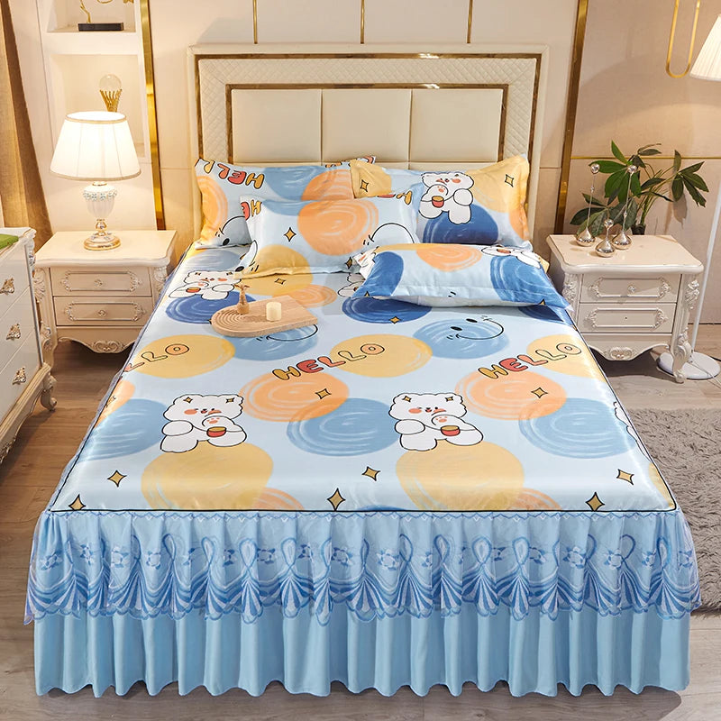 3pcs Set Luxury Classic Floral Bed Skirt with Pillowcase, Ice Silk Flower Print Bedding Set for Dorm, Bedroom, Guest Room Decor