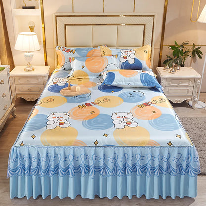 3pcs Set Luxury Classic Floral Bed Skirt with Pillowcase, Ice Silk Flower Print Bedding Set for Dorm, Bedroom, Guest Room Decor