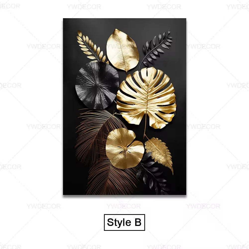 Luxury Black Gold Plant Leaves Canvas Poster Print Modern Home Abstract Wall Art Painting Living Room Luxury Decoration Gift