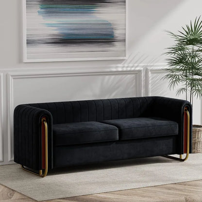 Modern Velvet Sofa for Living Room, 84 Inches Long Tufted Couch Upholstered Sofa with 2 Pillows High Arm and Metal Legs Decor