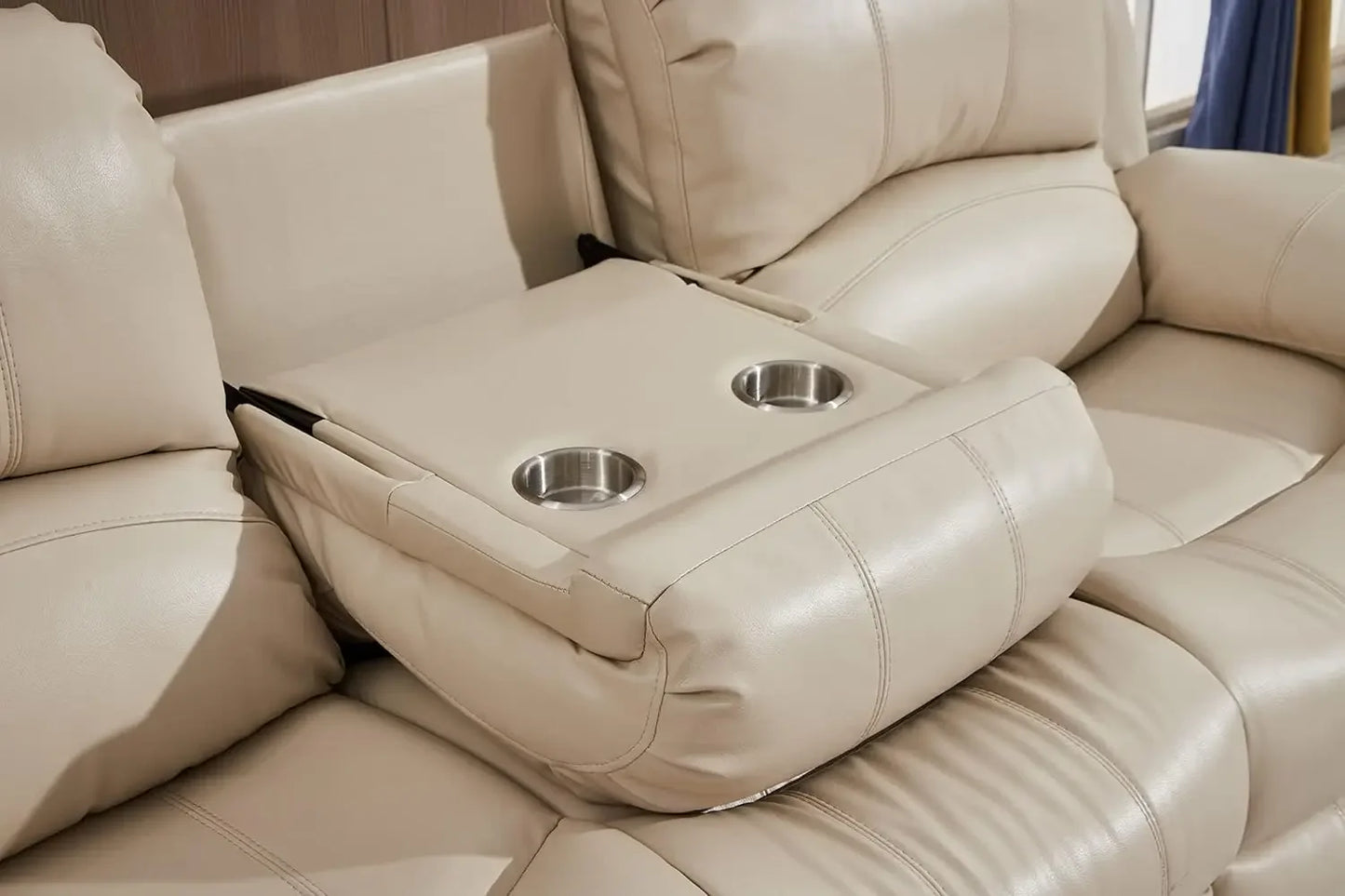 Power Reclining Bonded Leather Living Room Set Beige Sofa Loveseat Chair Easy Assembly Split Back Design