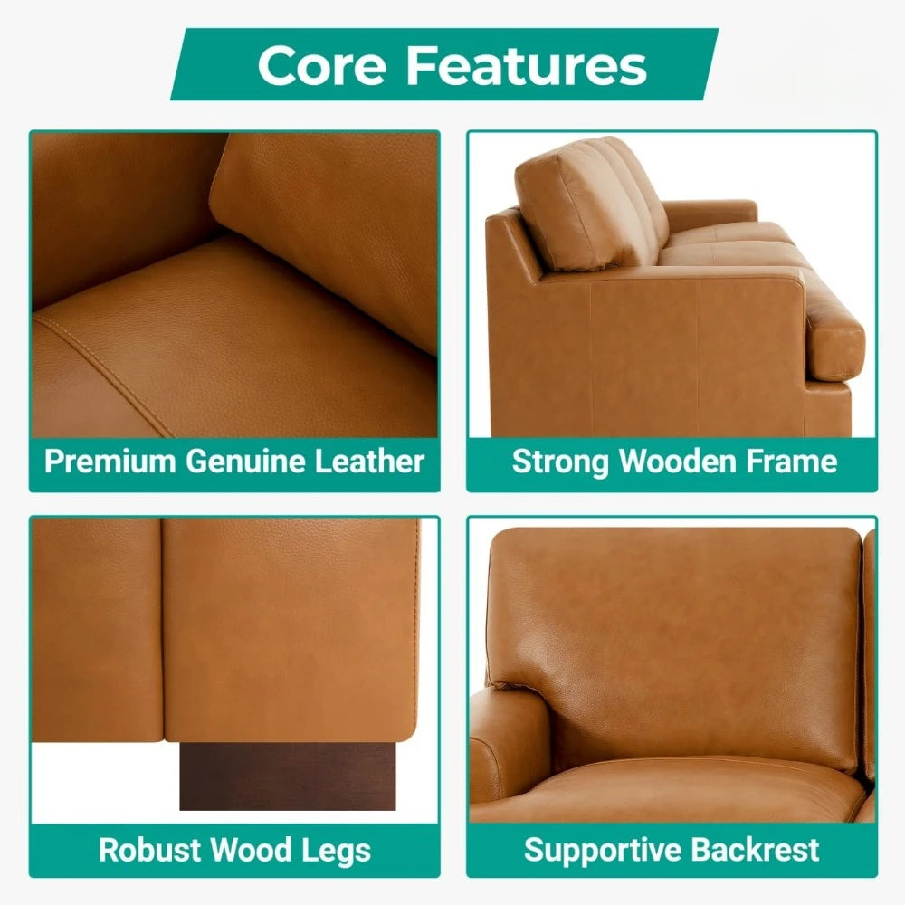 Genuine Leather Sofa - Luxurious Comfort, Goose Feather Cushion Filling, Square Arm Design, Sturdy Block Legs, Living Room Sofas