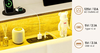 Bed Frame, with Storage Headboard and Power Outlet, Floating Platform Bed with LED Lights, Wood Slats Support, Bedroom Bed