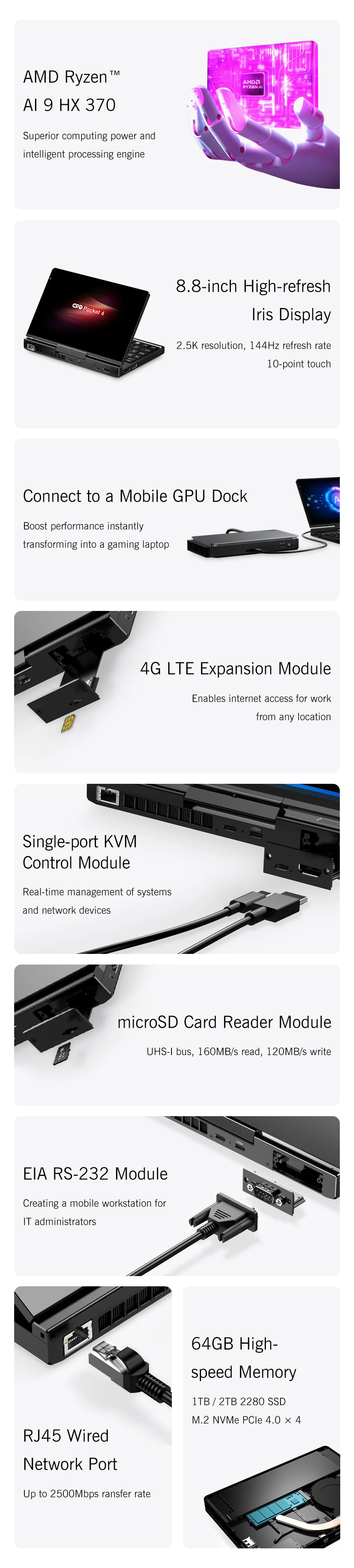 New 2025 version In stock! Original GPD Pocket 4 8.8-inch AMD AI 9 HX 370 64GB RAM 2TB NVMe Mini Laptop Computer for business
