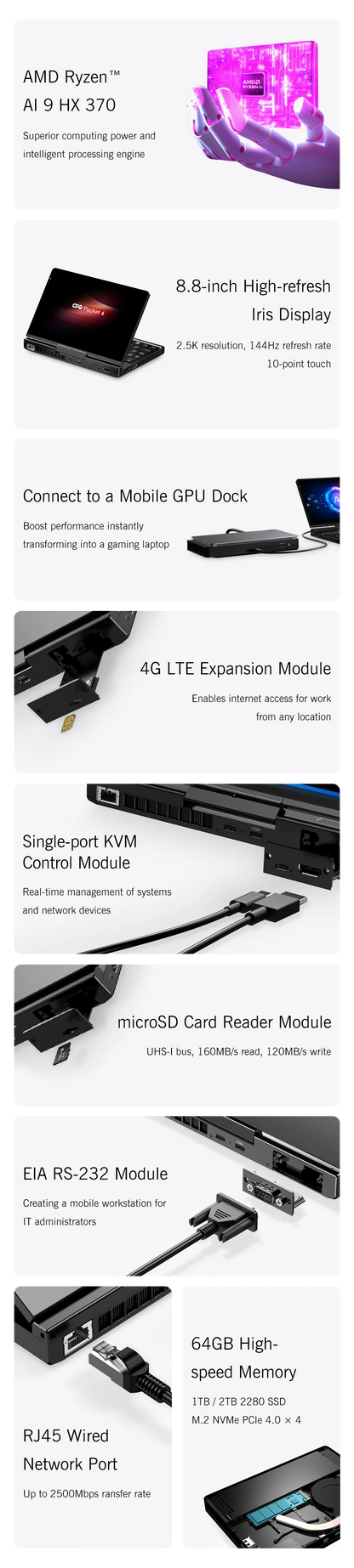 New 2025 version In stock! Original GPD Pocket 4 8.8-inch AMD AI 9 HX 370 64GB RAM 2TB NVMe Mini Laptop Computer for business