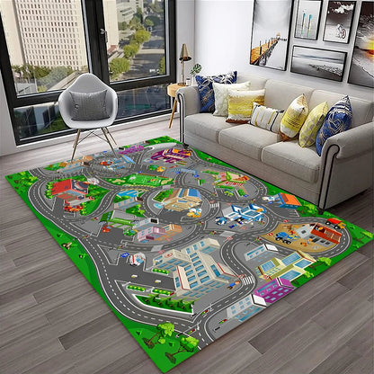 Child Playmat Traffic Highway City Playroom Carpet Rug for Home Living Room Bedroom Doormat Decor, Area Rug Non-slip Floor Mat