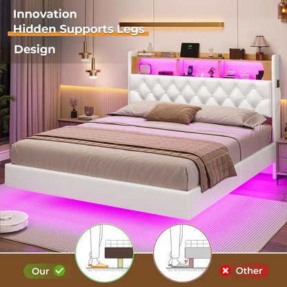 Floating Bed Frame, Floating Platform Bed with Charging Station with LED Lights & Storage Headboard, Modern LED Floating Bed