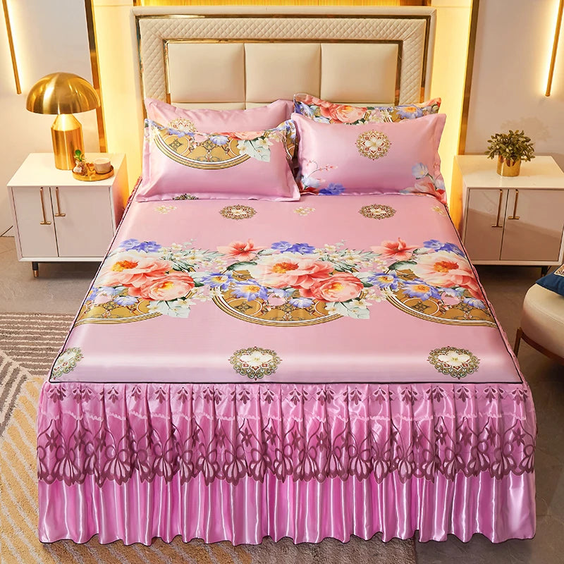 3pcs Set Luxury Classic Floral Bed Skirt with Pillowcase, Ice Silk Flower Print Bedding Set for Dorm, Bedroom, Guest Room Decor