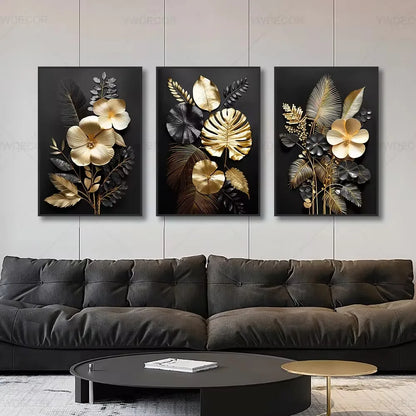 Luxury Black Gold Plant Leaves Canvas Poster Print Modern Home Abstract Wall Art Painting Living Room Luxury Decoration Gift