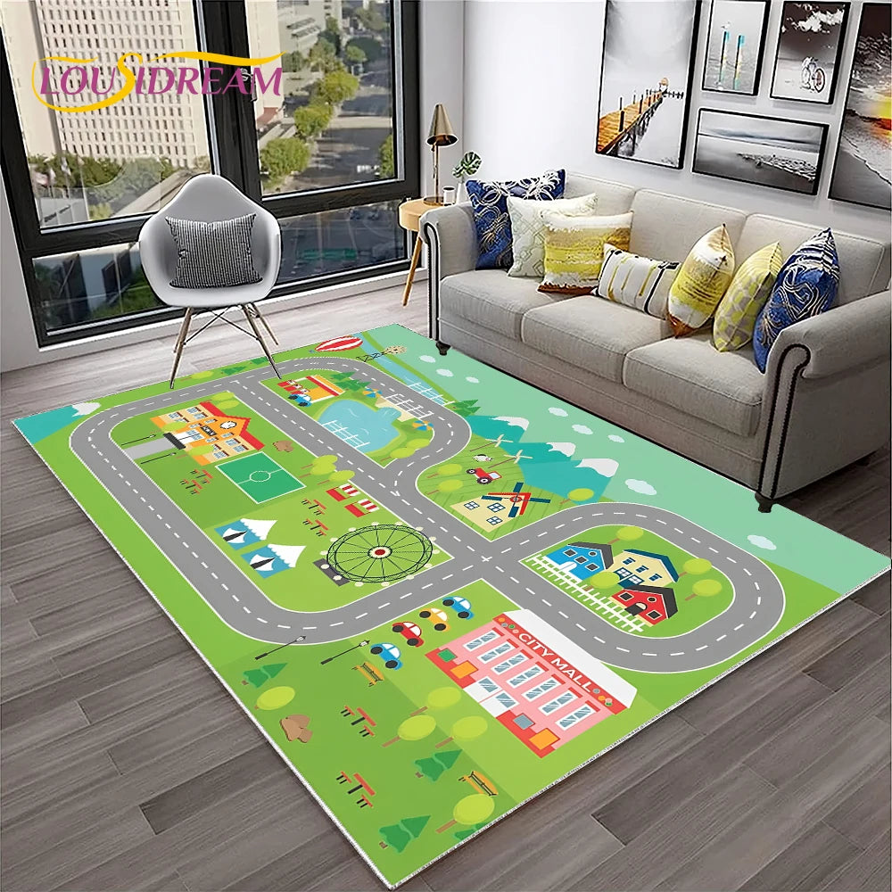 Child Playmat Traffic Highway City Playroom Carpet Rug for Home Living Room Bedroom Doormat Decor, Area Rug Non-slip Floor Mat