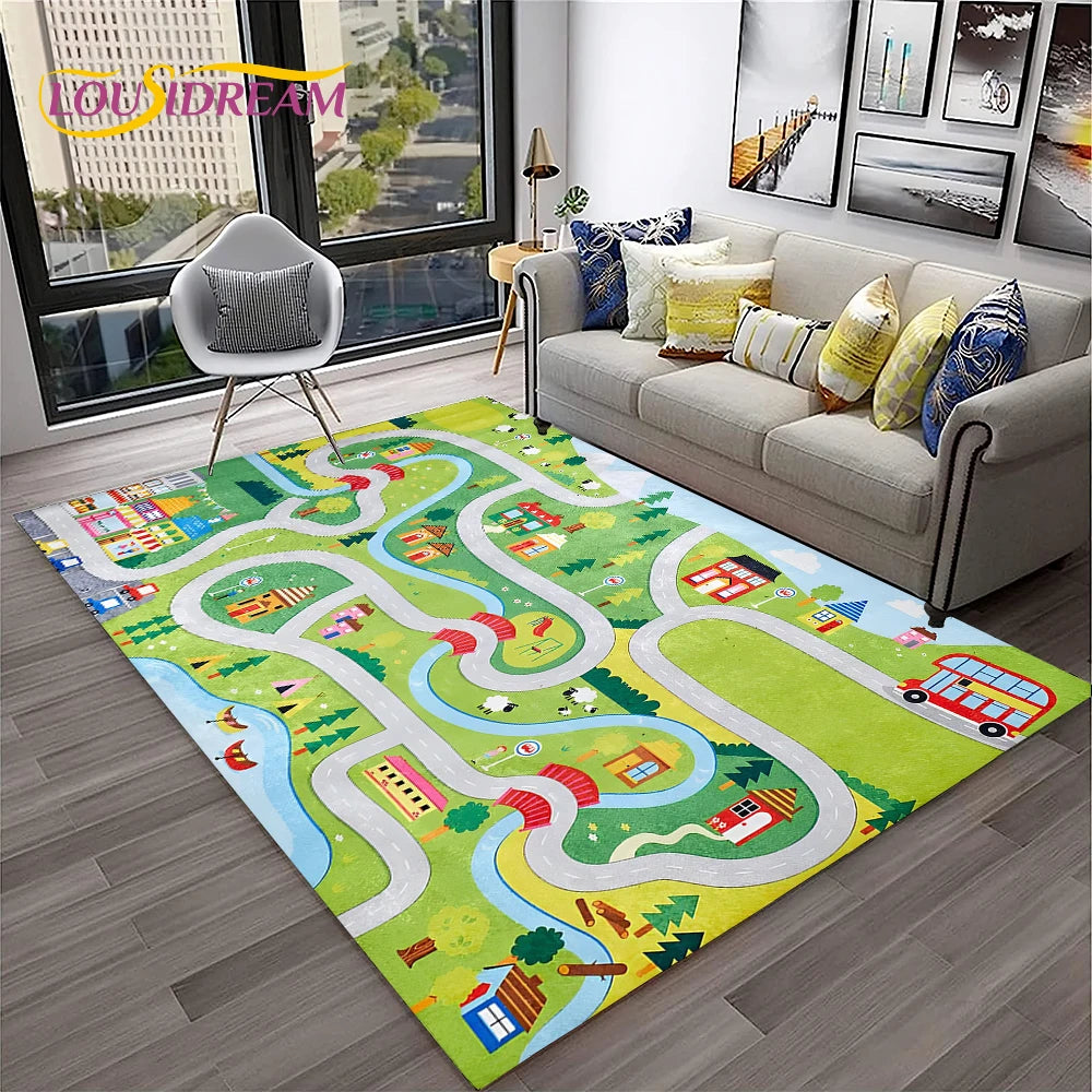 Child Playmat Traffic Highway City Playroom Carpet Rug for Home Living Room Bedroom Doormat Decor, Area Rug Non-slip Floor Mat
