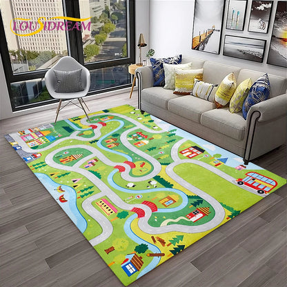 Child Playmat Traffic Highway City Playroom Carpet Rug for Home Living Room Bedroom Doormat Decor, Area Rug Non-slip Floor Mat