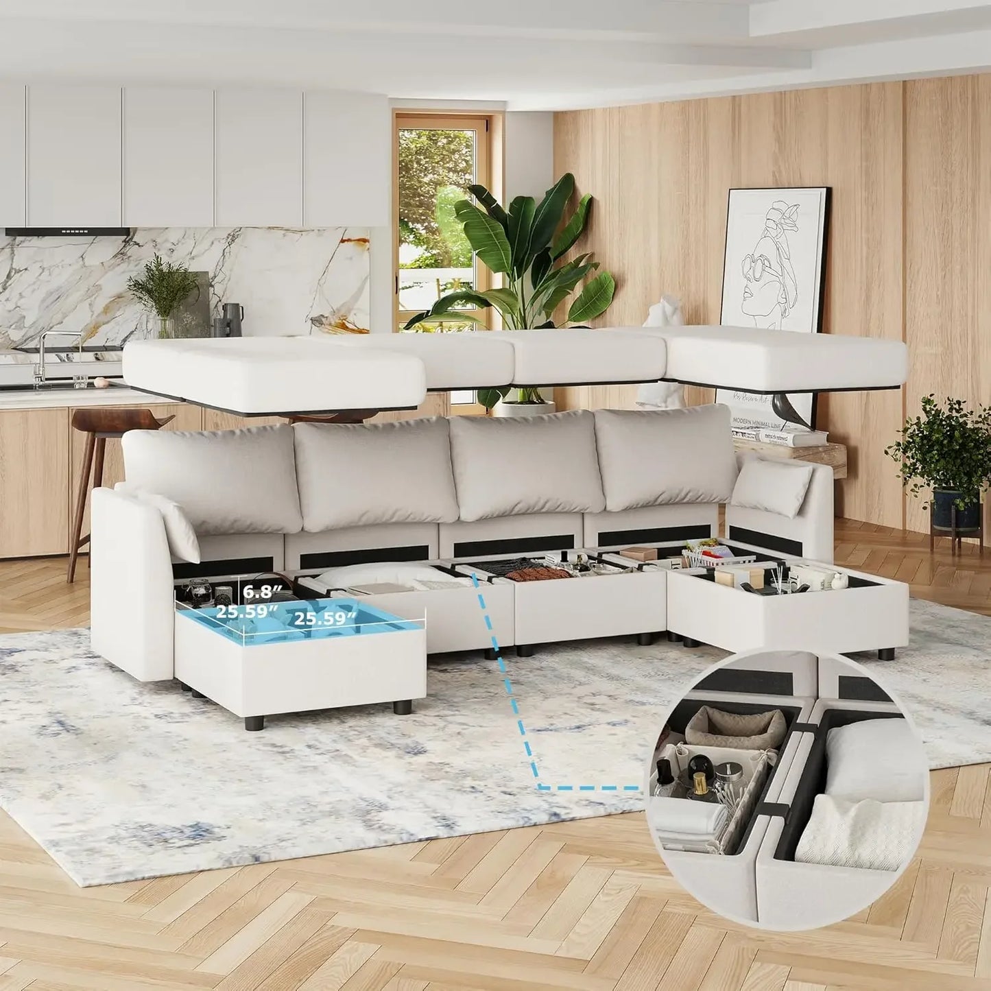 Sectional Sofa with Storage, Convertible 6 Seat Sectional Couches for Living Room, U Shaped Sectional Sofa with Chaise, Comfy Se