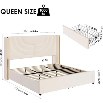 Queen Upholstered LED Bed Frame with 2 Storage Drawers, Velvet Platform Bed with Wingback Headboard, Solid Wooden Slats Support