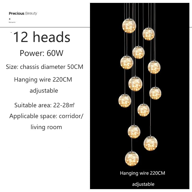 Modern Led Chandelier Glass Ball Dimmable for Staircase Living Room Pendant Lamps Home Decor Lighting Suspension Design Lusters