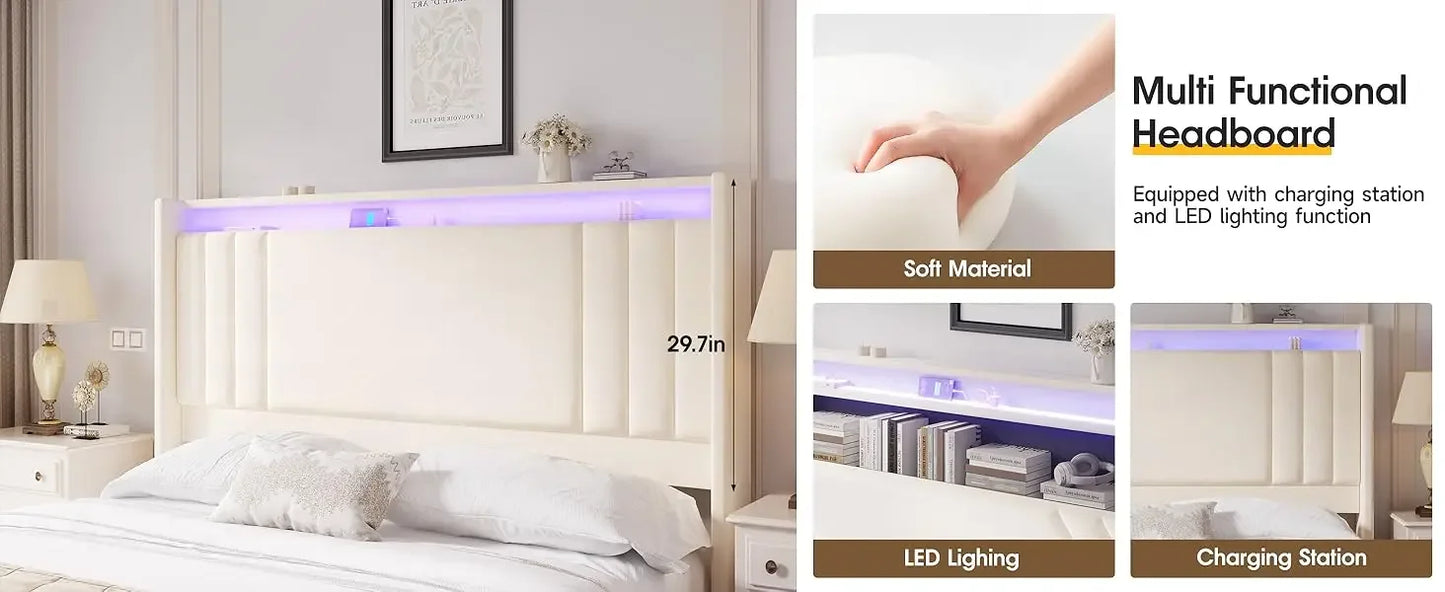 Floating Bed Frame, 50.8" Tall Headboard LED with Charging Station, Metal Platform Bed Frame, Upholstered Platform Beds Home
