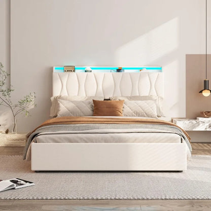 bedstead King Size Lift Up Storage, Height Adjustable Storage Headboard with Charging Station, LED Lights Platform Bed, bedstead