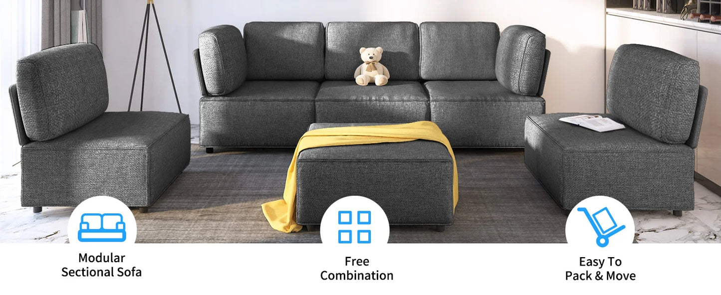Modular Sectional Sofa with Chaise, Convertible Oversize L Shaped Couch with Reversible Ottoman,Linen 6 Seater Free Combination