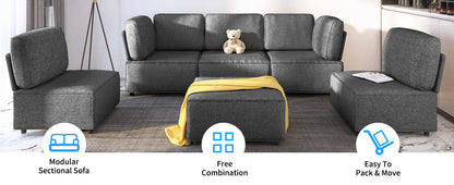 Modular Sectional Sofa with Chaise, Convertible Oversize L Shaped Couch with Reversible Ottoman,Linen 6 Seater Free Combination