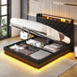 Bed Frame with Charging Station & Led Lights, Upholstered Platform Bed with Button Tufted Wingback Storage Headboard