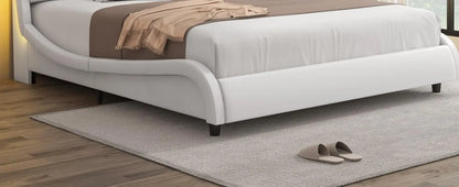 Upholstered Bed Frame, Adjustable LED Headboard, Pu Leather Platform Bed with Wave-Like Curve Design and Solid Wooden, Queen Bed