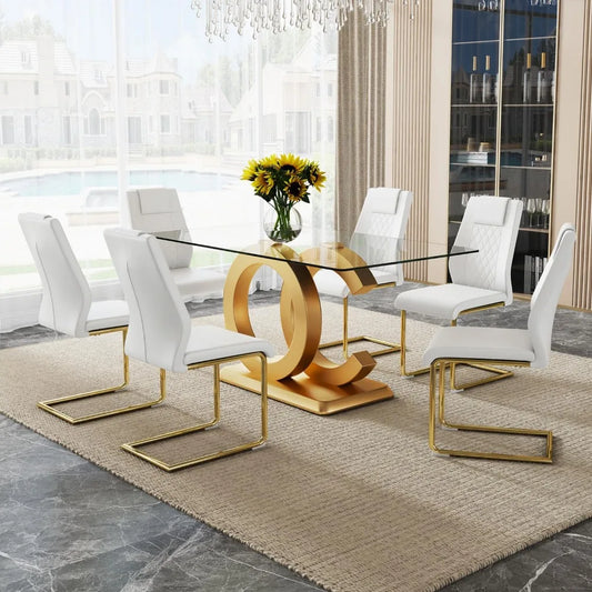 Dining Table Set for 6,Glass Table Top and MDF Base，Rectangular Dining Room Table with 6 PU Leather Upholstered Dining Chairs