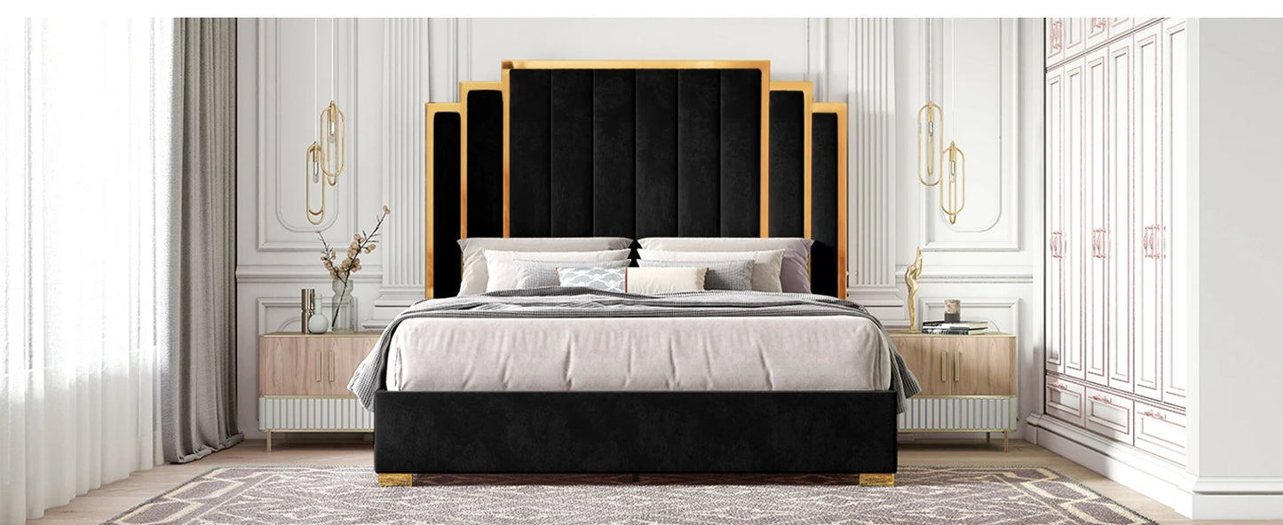 Queen Size Bed Frame and 61" Headboard, Upholstered Bed with Golden Plating Trim, Modern Platform Bed, Bed Bedroom Furniture