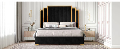 Queen Size Bed Frame and 61" Headboard, Upholstered Bed with Golden Plating Trim, Modern Platform Bed, Bed Bedroom Furniture