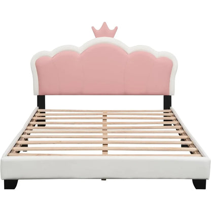 Full-Size Upholstered Princess Bed with Crown Headboard, Full Size Platform Bed with Headboard and Footboard Suitable for girls
