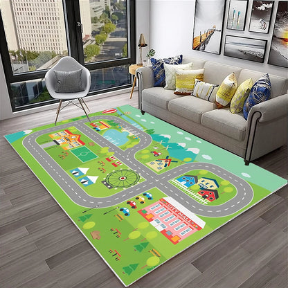 Child Playmat Traffic Highway City Playroom Carpet Rug for Home Living Room Bedroom Doormat Decor, Area Rug Non-slip Floor Mat