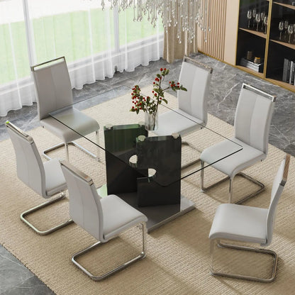 Modern dining table set for 6 people, glass table with 6 faux leather chairs, kitchen display table, suitable for living room