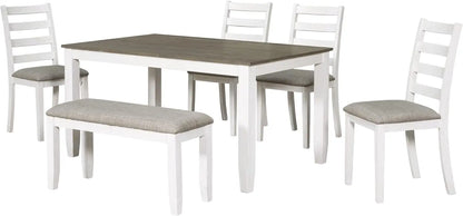 6 Pieces Dining Table Set with Bench, Rectangle Dining Table with 4 Upholstered Chairs & A Bench, Rubber Wood Dining Table Set