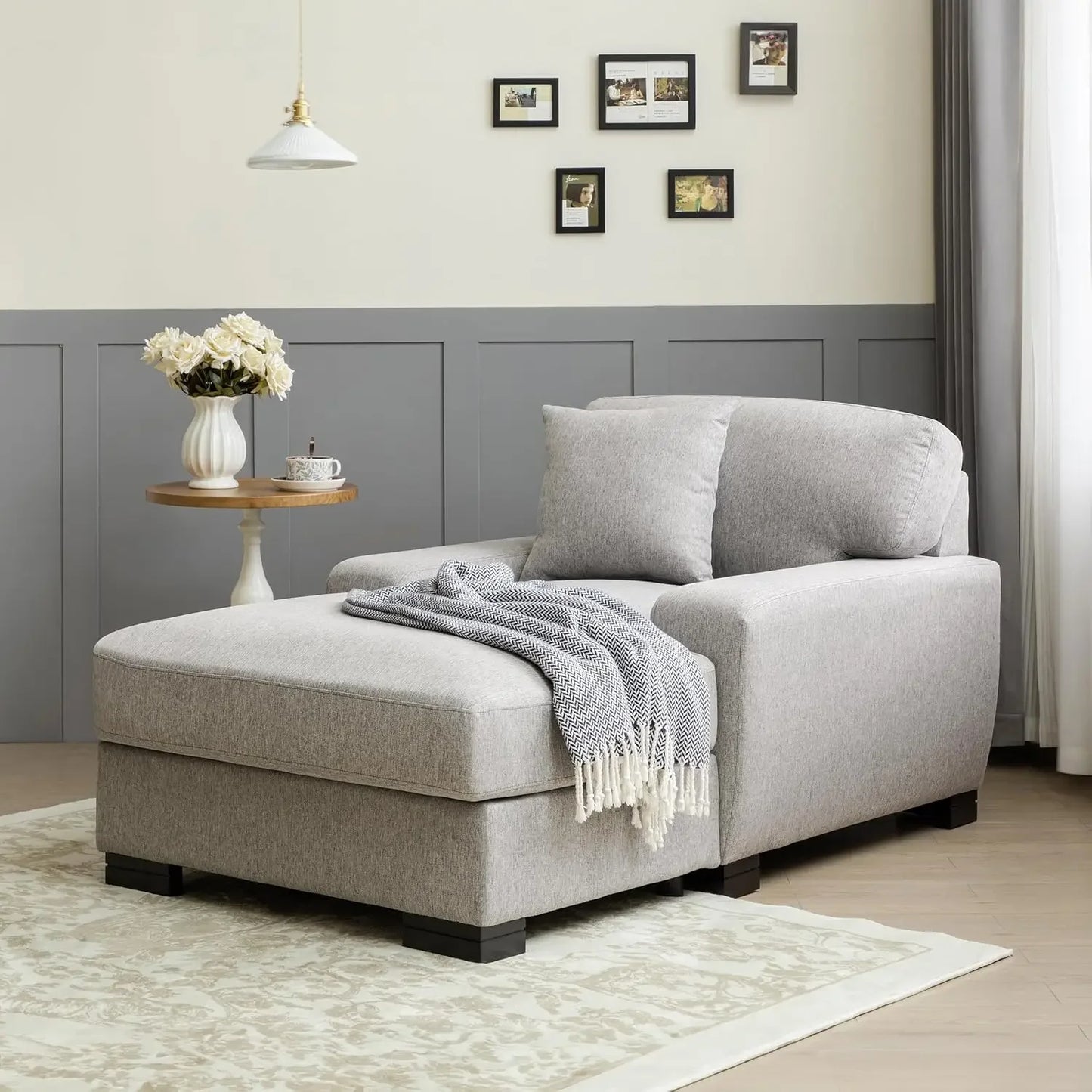 Modern Mid-Century Indoor Oversized Chaise Lounger Comfort Sleeper Sofa with Pillow and Soild Wood Legs, Velvet, Cream