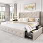 King Size Bed Frame with 4 Storage Drawers and Tufted Headboard Linen Upholstered Platform Bed Frame Wingback Beds.
