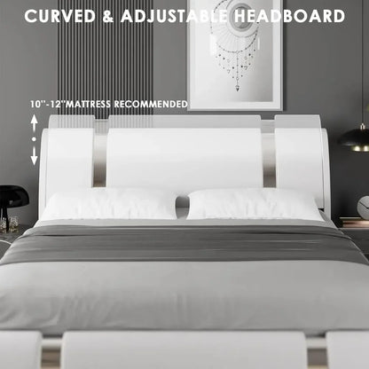 Modern Faux Leather Upholstered Platform Bed Frame with Golden Iron Metal Decor, Adjustable Curved Headboard, Queen Size, White