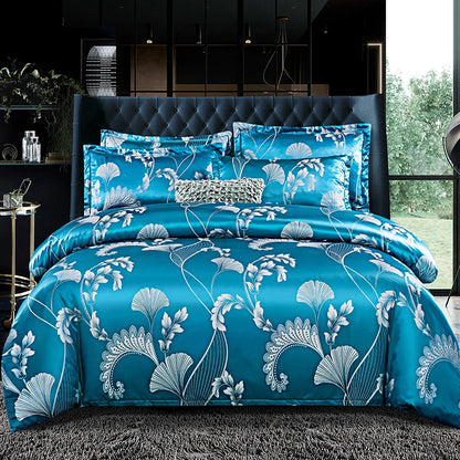 Floral Jacquard Satin Duvet Cover Set Queen 3 Piece Luxury Silk Like Bedding Comforter Covers with Zipper Closure & Corner Ties