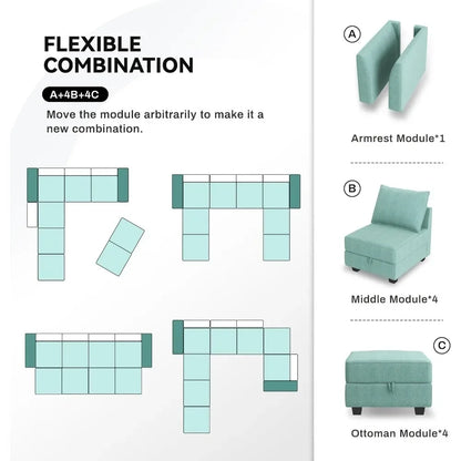 Square Ottoman Module for Modular Segmented Sofas, Storage Ottoman Footstools, and Seat Cubes, Water Blue